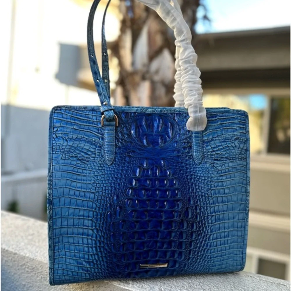 NWT BRAHMIN TIA ELECTRIC BLUE OMBRE MELBOURNE CROC-EMBOSSED LEATHER SATCHEL‎